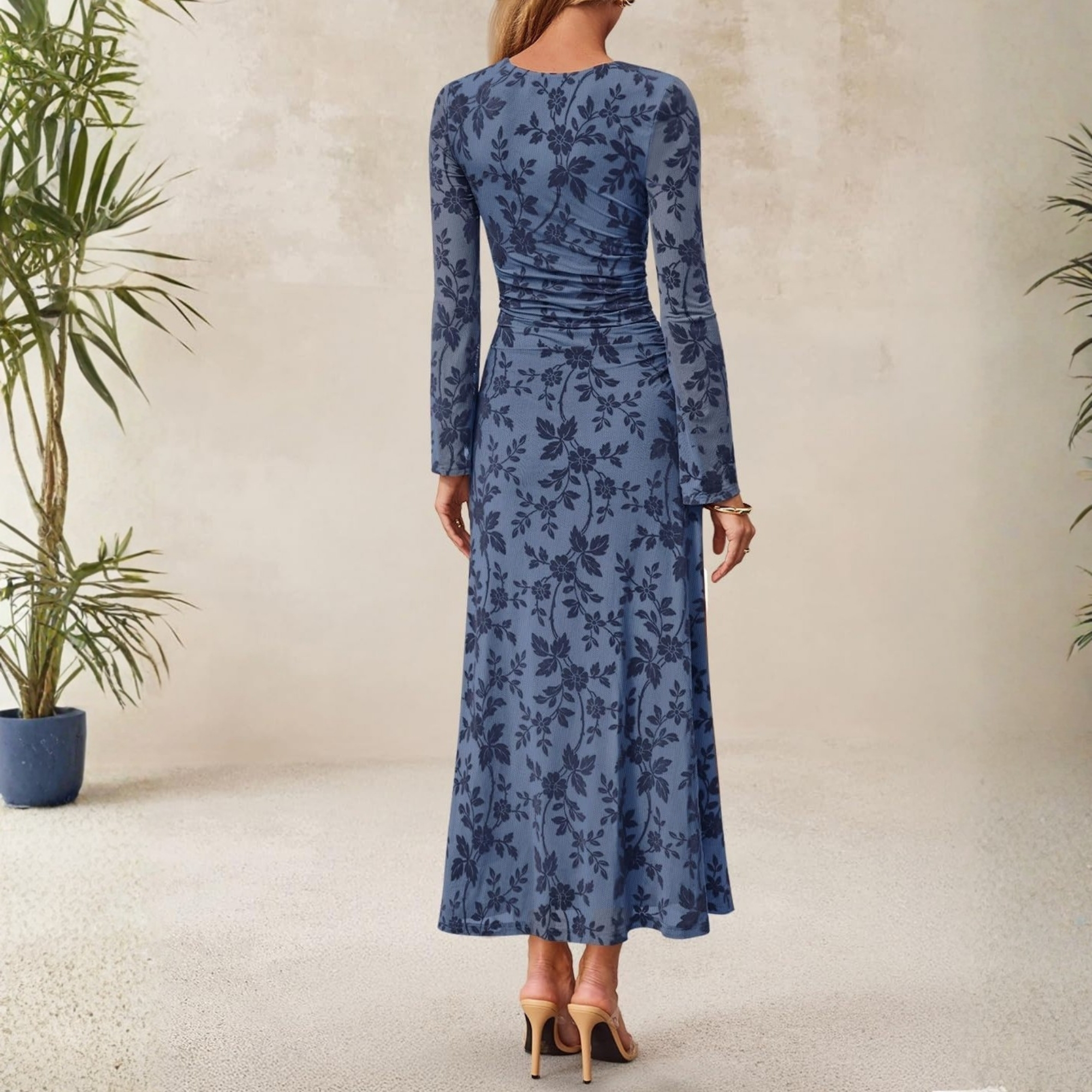 Spring Fall Floral Ruched Mesh Maxi Dress