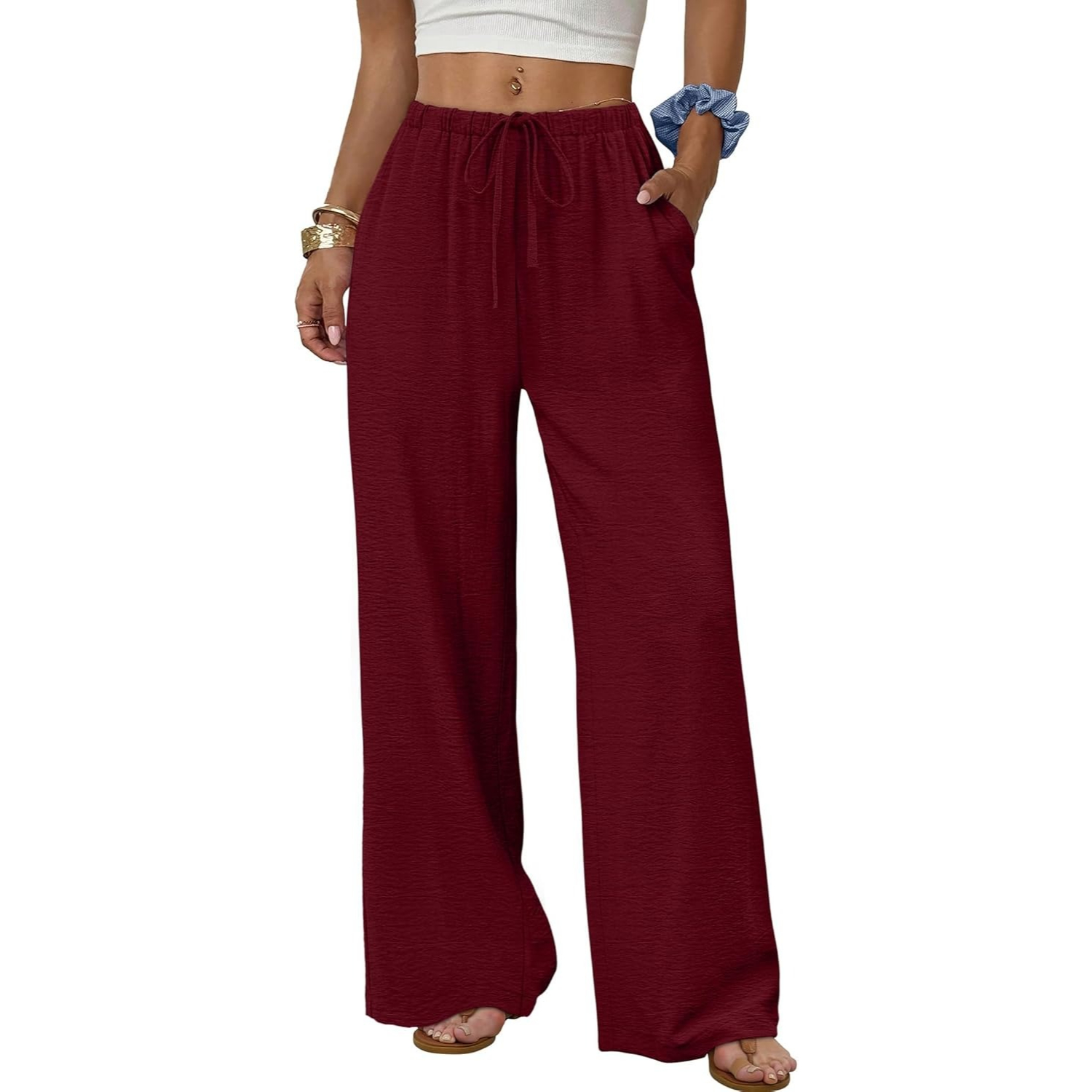 Wide Pants for Women Flowy Palazzo Drawstring Elastic Trousers with Pockets Summer Beach Vacation Clothes