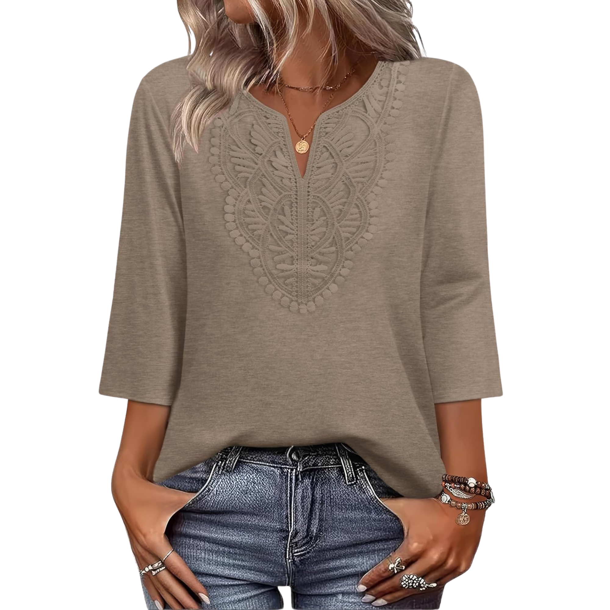  Length Sleeve Womens Tops Boho V Neck Lace Shirt Trendy Blouses Dressy Casual Vacation