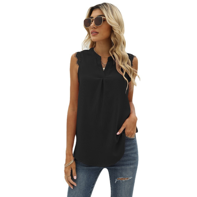 Lace Cap Sleeves V Neck Blouse-My Comfy Blouse
