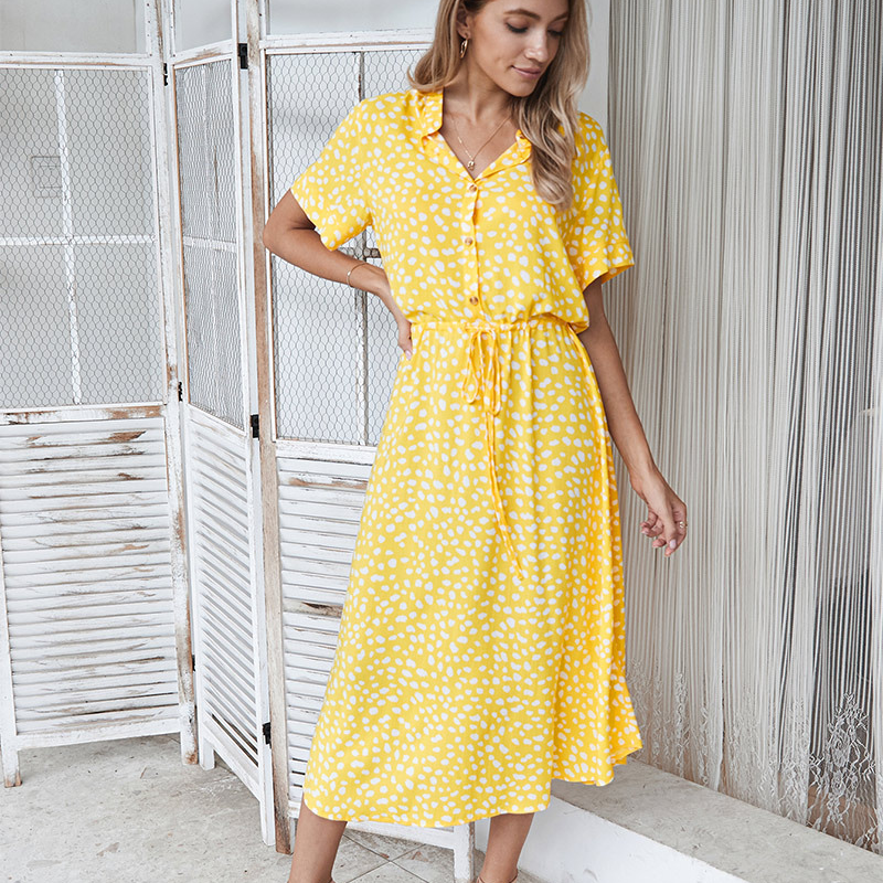 Shirt Collar Waist Tie Dot Print Maxi Dress-My Comfy Blouse