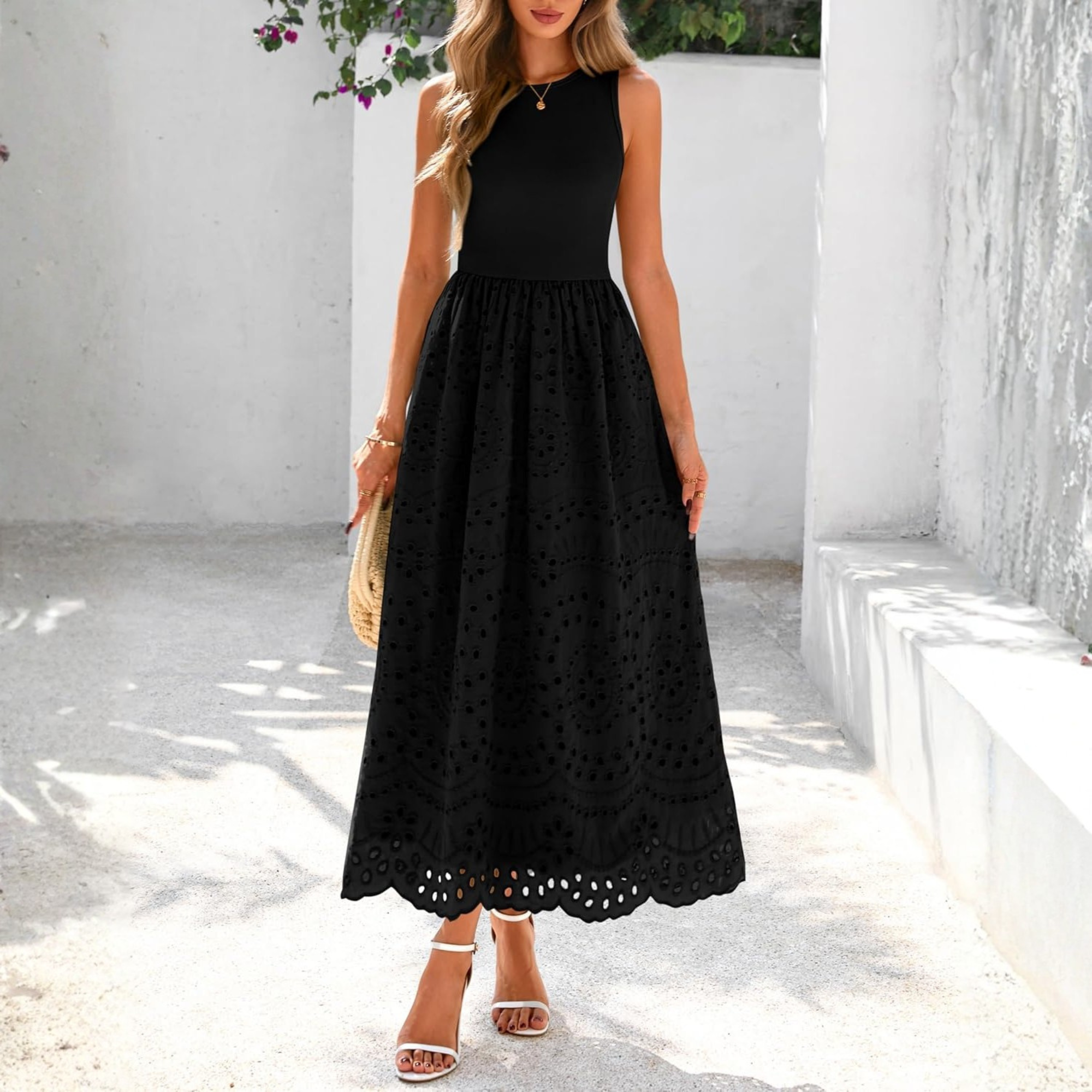 Sleeveless Eyelet Cotton Tank Maxi Dress with Pockets
