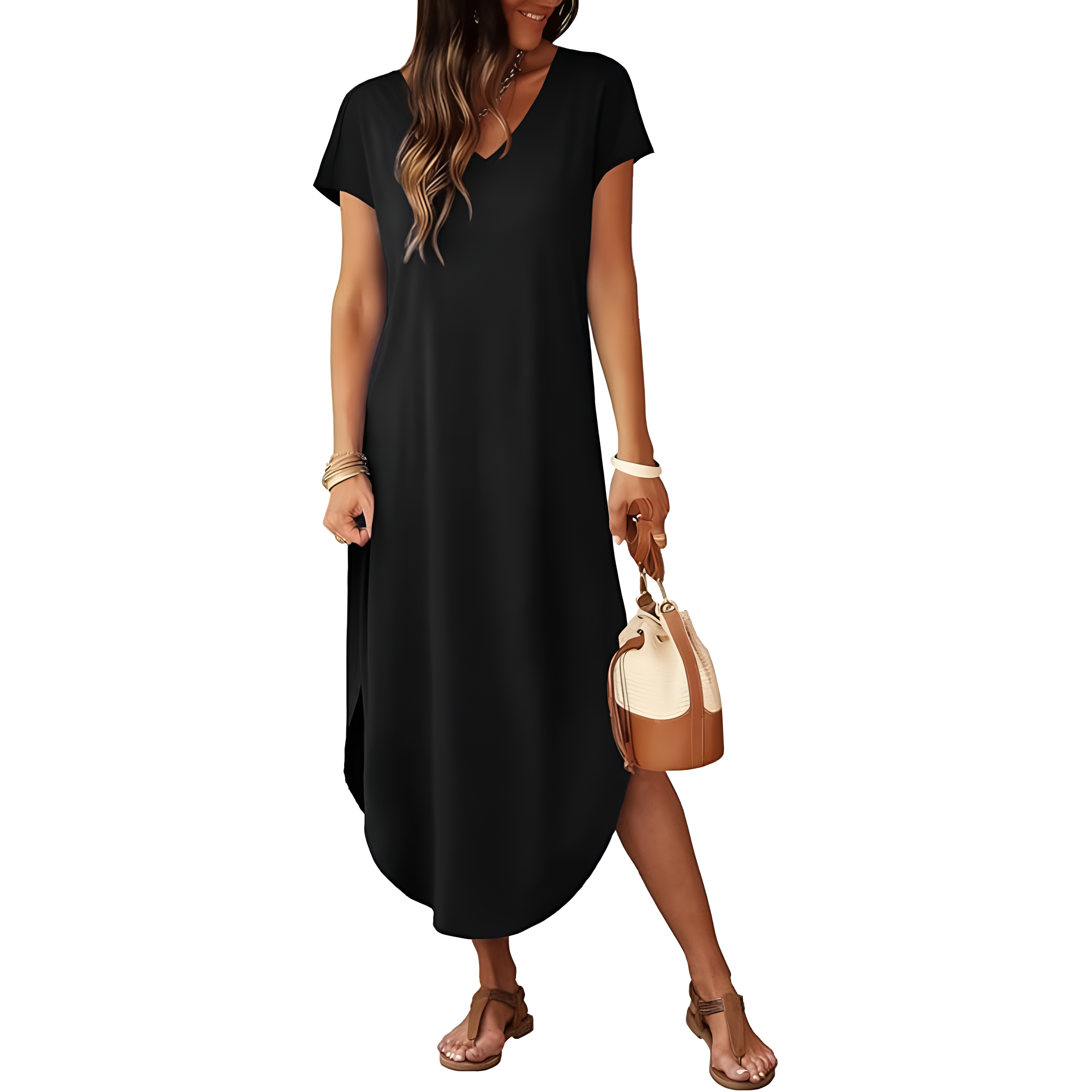 Summer And Casual V Neck Cap Sleeve Maxi For Women