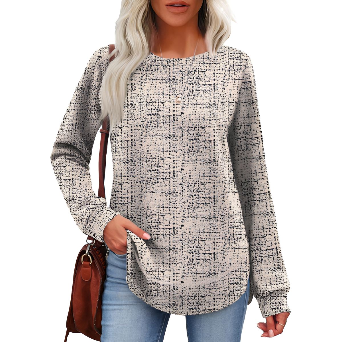 Tunic Tops for Women Loose Fit Dressy Long Sleeve Shirts Womens Sweaters Crew Neck Fall Clothing with Curved Hem