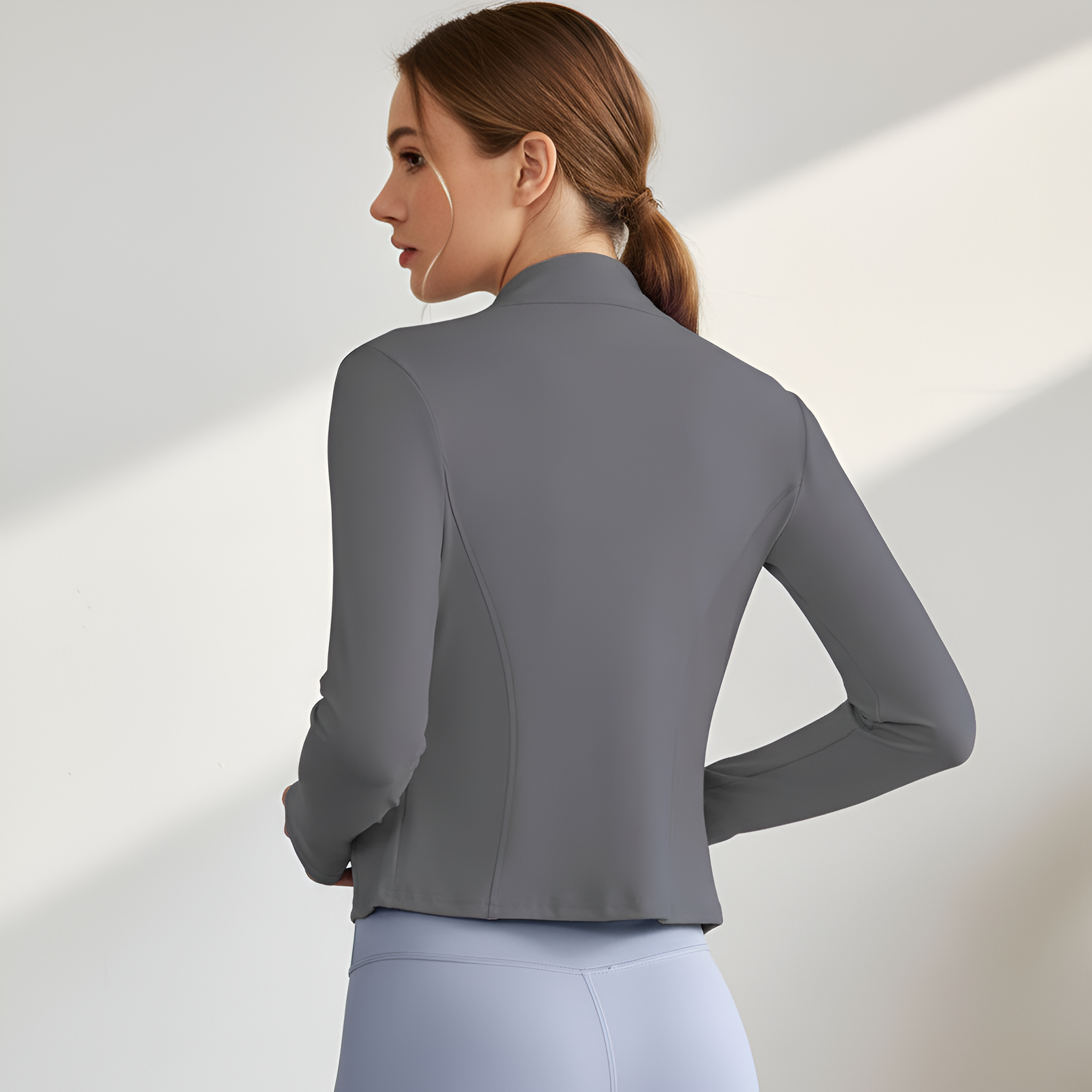 Women Thumb Holes Solid Zip Up Mock Neck Spring Sports Jacket