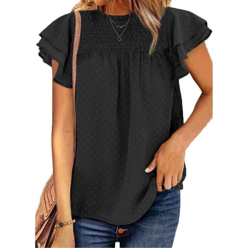 Flounce Cap Sleeves Dot Print Blouse-My Comfy Blouse