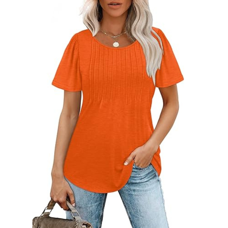 Pleated Casual Top With Scoop Short Sleeve Summer Blouse-My Comfy Blouse