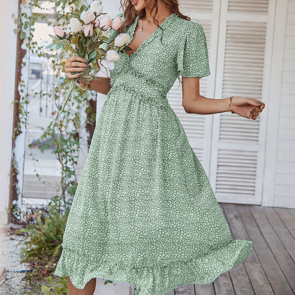 Pleated Ruffle Neck And Waist Dots Print Maxi Dress-My Comfy Blouse