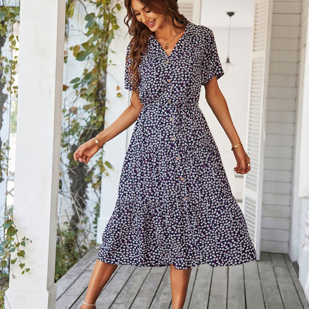 V-Neck Waist Belt Floral Print Maxi Dress-My Comfy Blouse