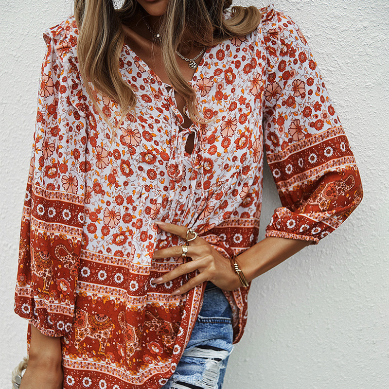 Traditional Print Front Strip Tie Blouse-My Comfy Blouse