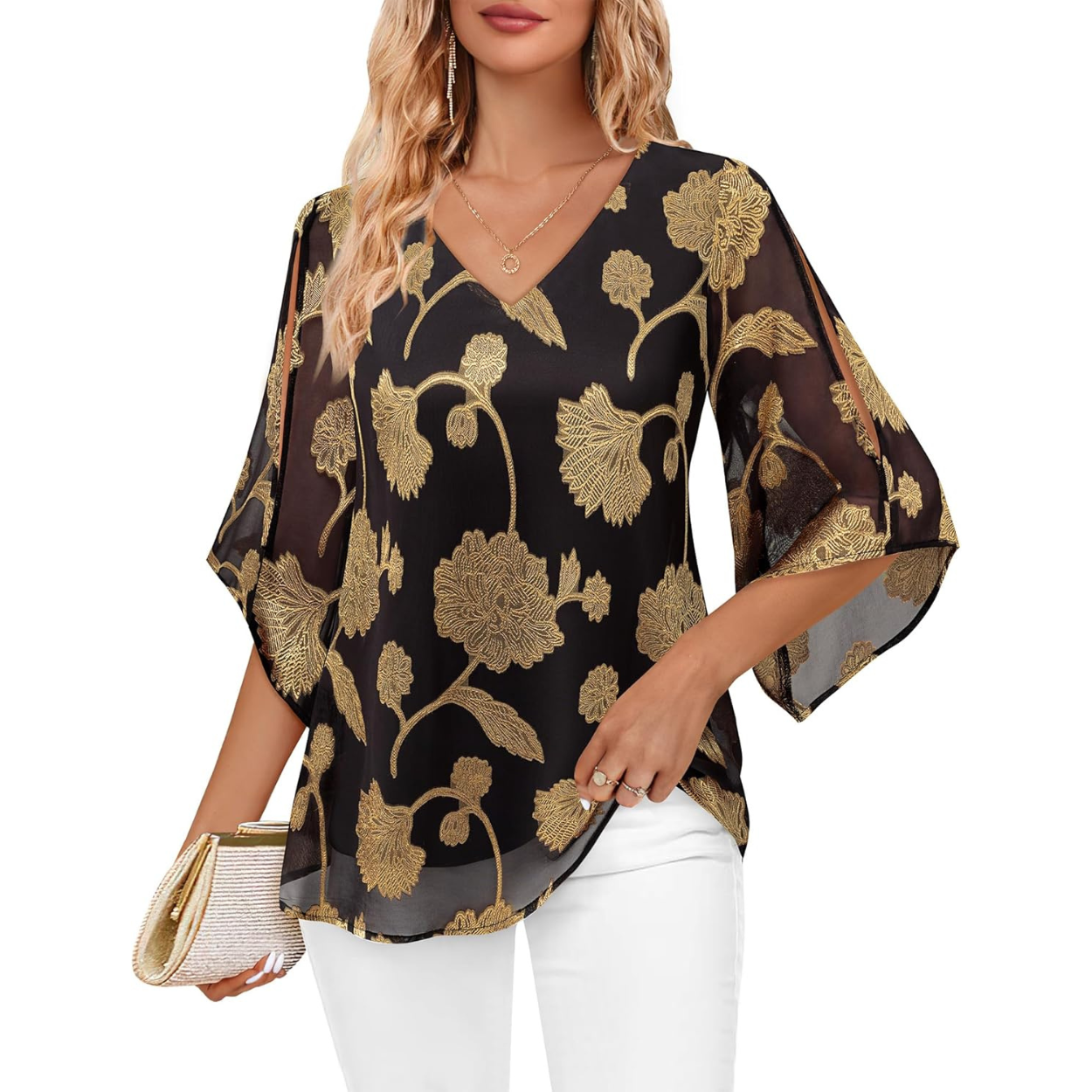 Ruffle Chiffon Sleeve Double Layers Tunic Tops