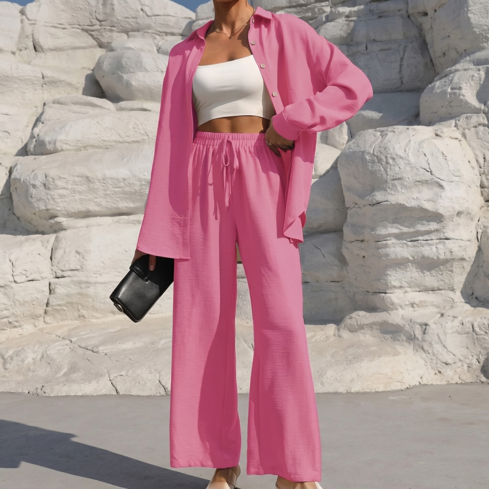 Casual 2 Piece Long Sleeve Shirt And Wide Fit Trouser Set For Women