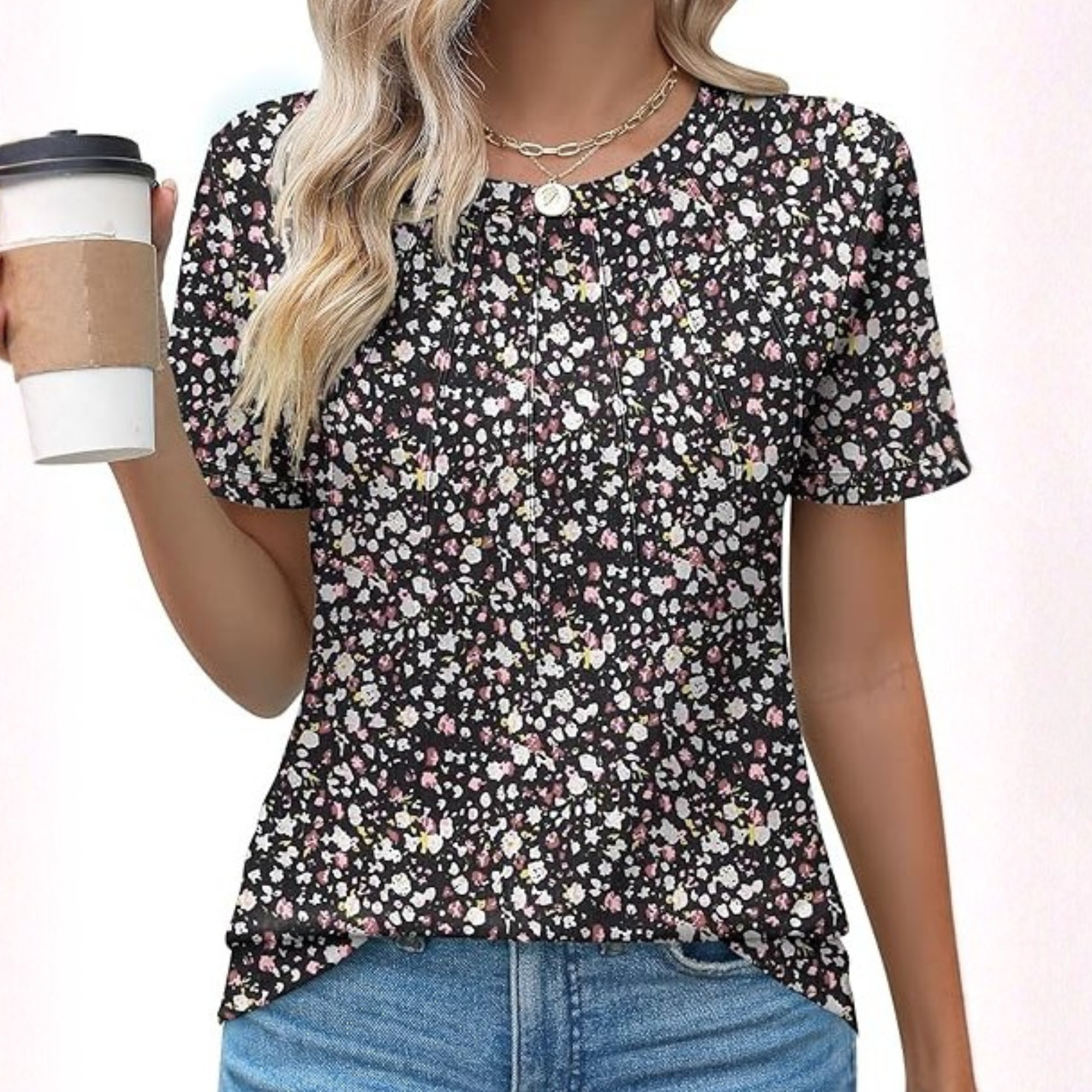  Womens Fashion Casual Crew Short Sleeve Pleated Tops Blouses 
