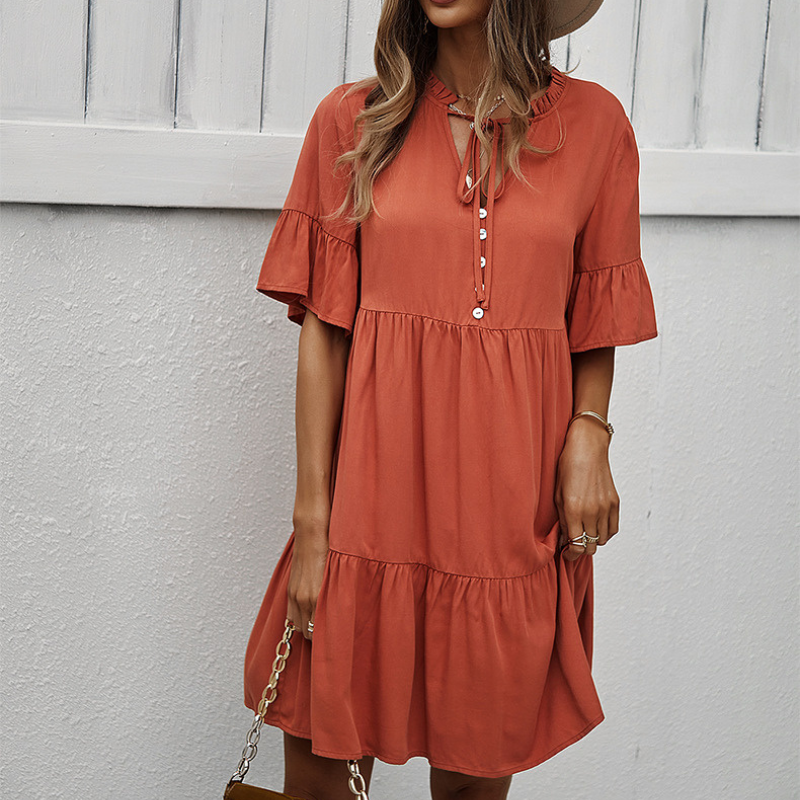 Semi Collar Flared Short Sleeves Midi Drees-My Comfy Blouse