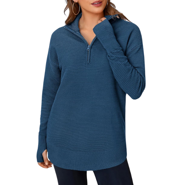 Womens Long Sleeve Quarter Zip Pullover Sweater Casual Loose V Neck Collared Ribbed Knit Jumper Tops Thumb Hole