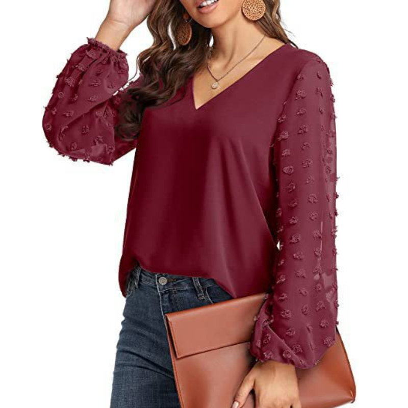 Semi-Formal V-neck Textured Sleeves Blouse-My Comfy Blouse