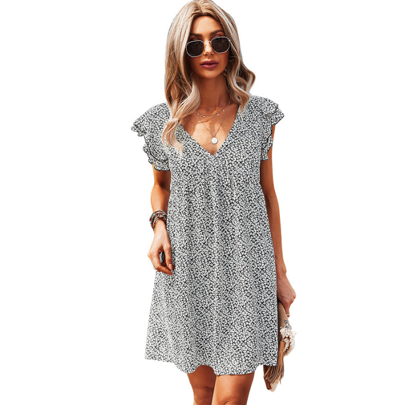 Frill Short Sleeves Knee Length Deep V-neck Casual Dress-My Comfy Blouse