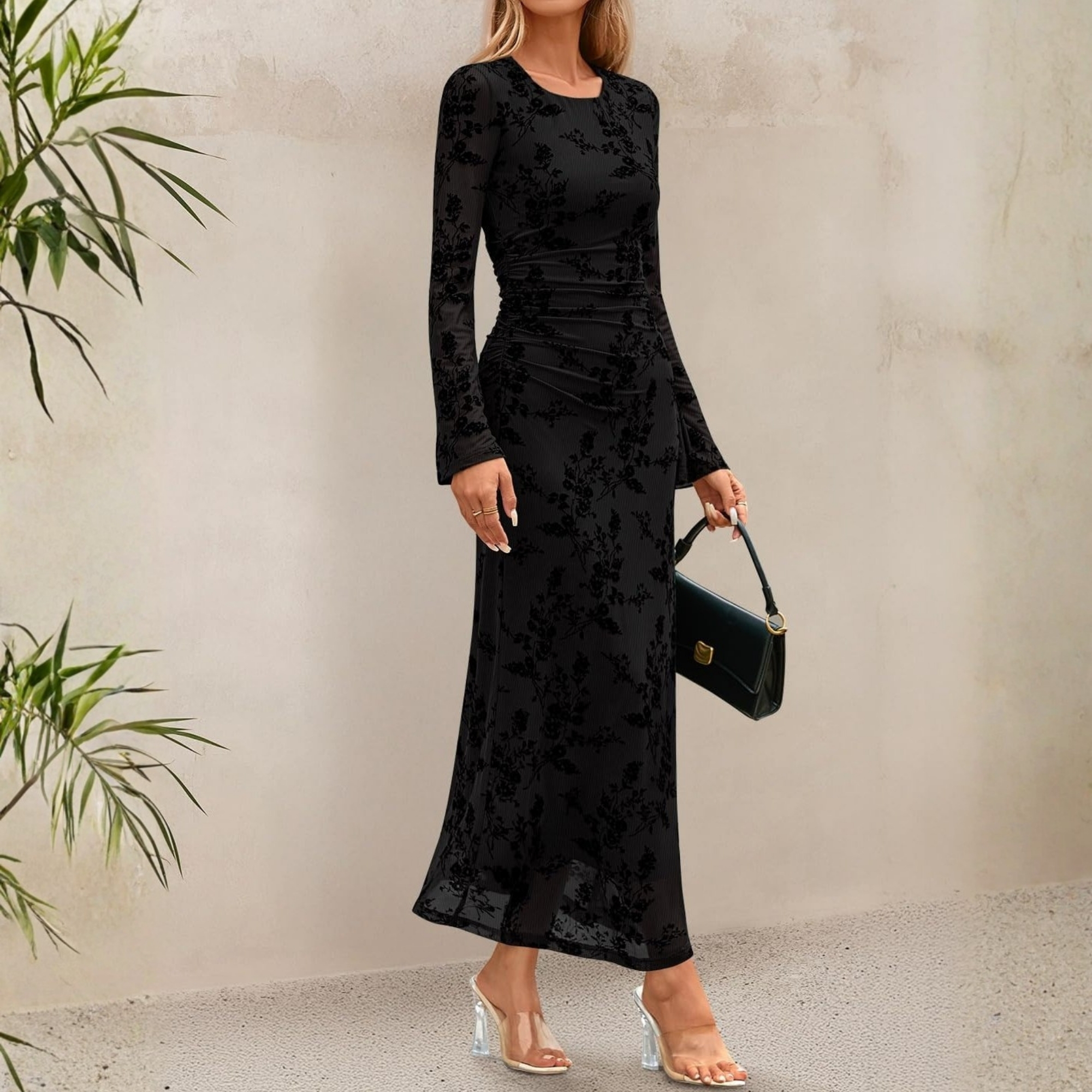 Spring Fall Floral Ruched Mesh Maxi Dress