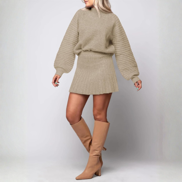 2 Piece Ribbed Knit Puff Sleeve Sweater Top And Mini Skirt Outfit Set