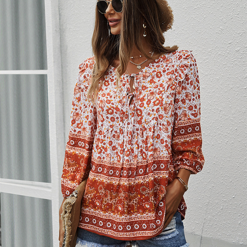 Traditional Print Front Strip Tie Blouse-My Comfy Blouse