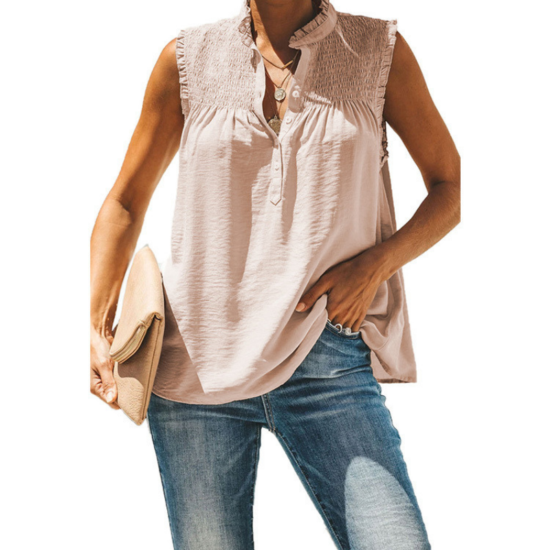 High Collar Button Ruffled Sleeves Less Blouse-My Comfy Blouse