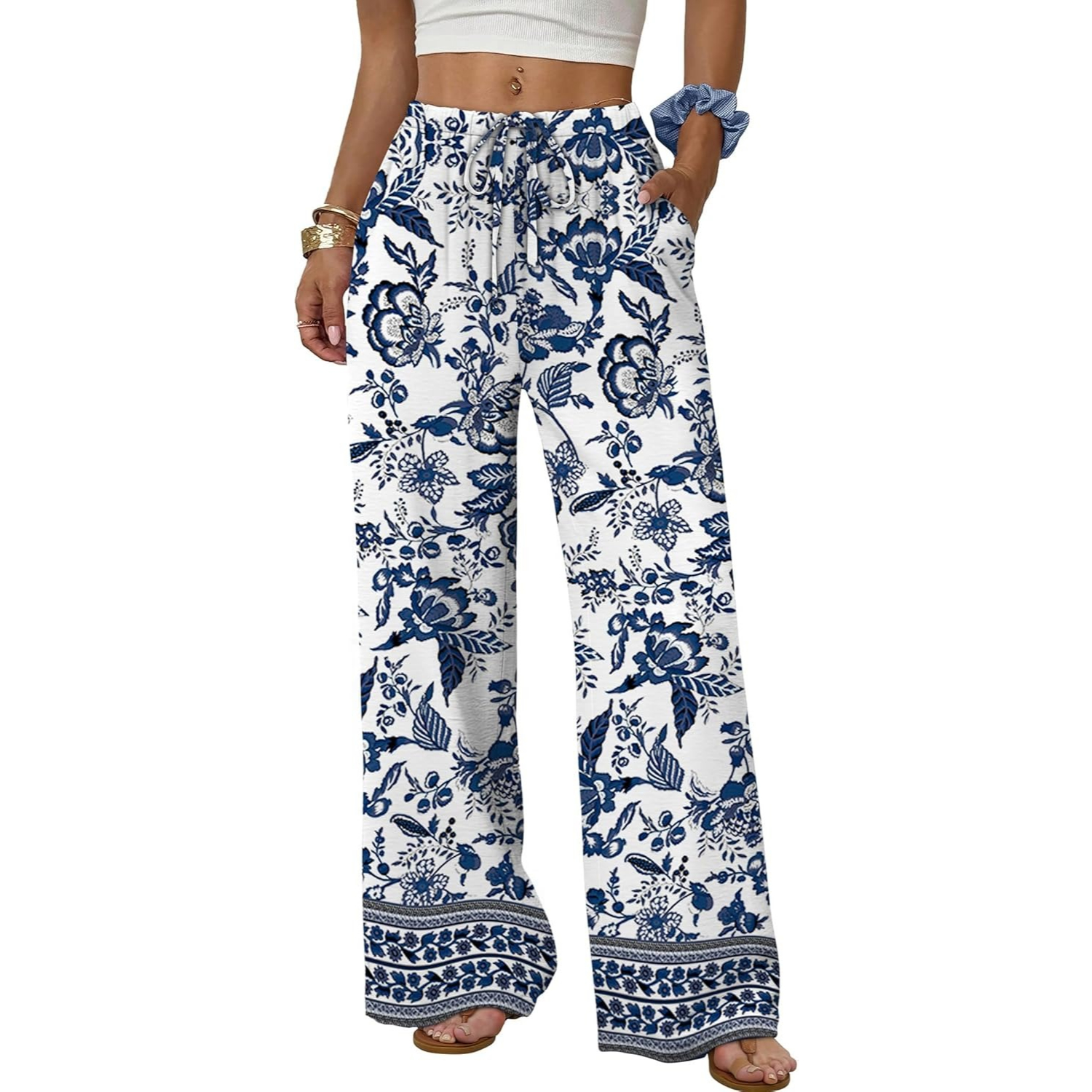 Wide Pants for Women Flowy Palazzo Drawstring Elastic Trousers with Pockets Summer Beach Vacation Clothes