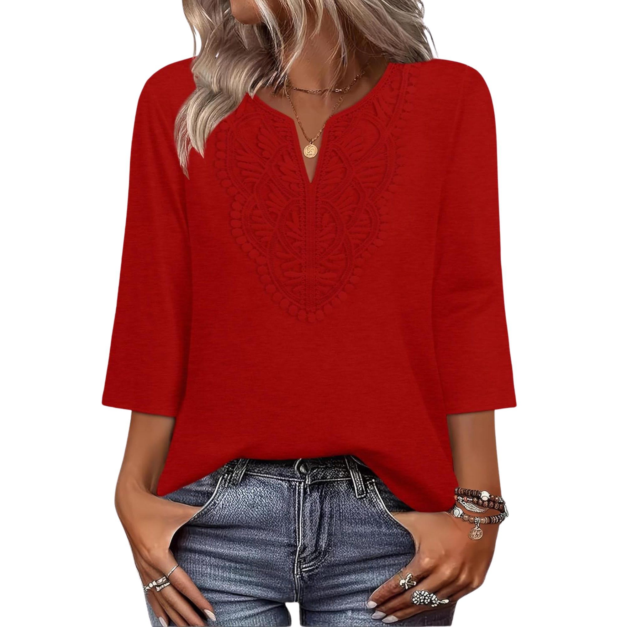  Length Sleeve Womens Tops Boho V Neck Lace Shirt Trendy Blouses Dressy Casual Vacation