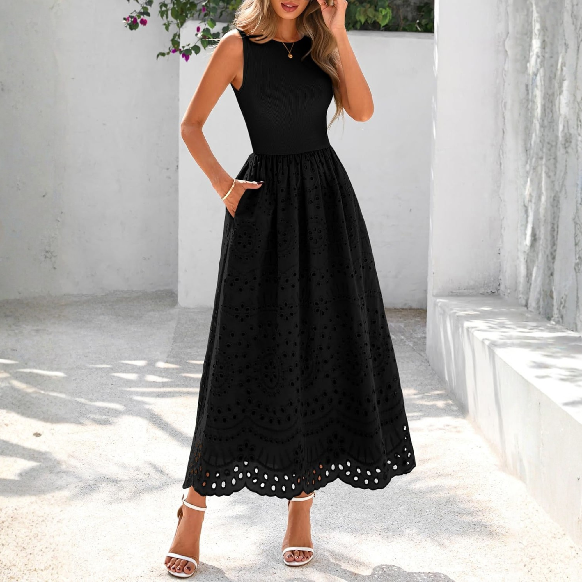 Sleeveless Eyelet Cotton Tank Maxi Dress with Pockets