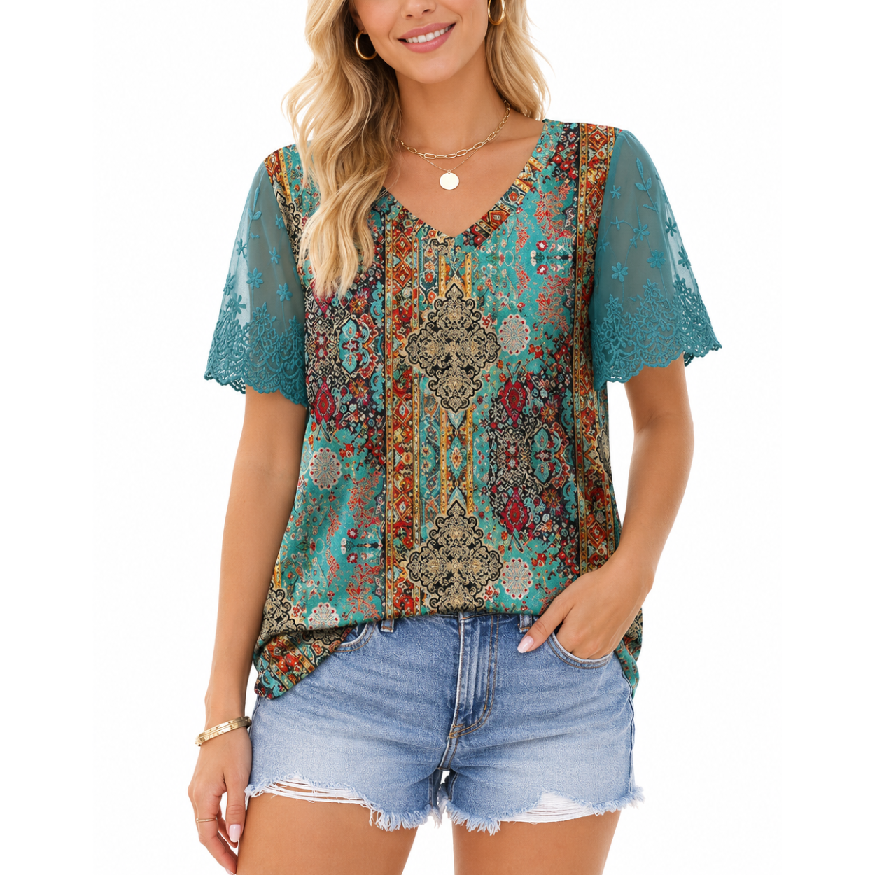 Lace And Casual Short Sleeve Curved T Shirts For Women