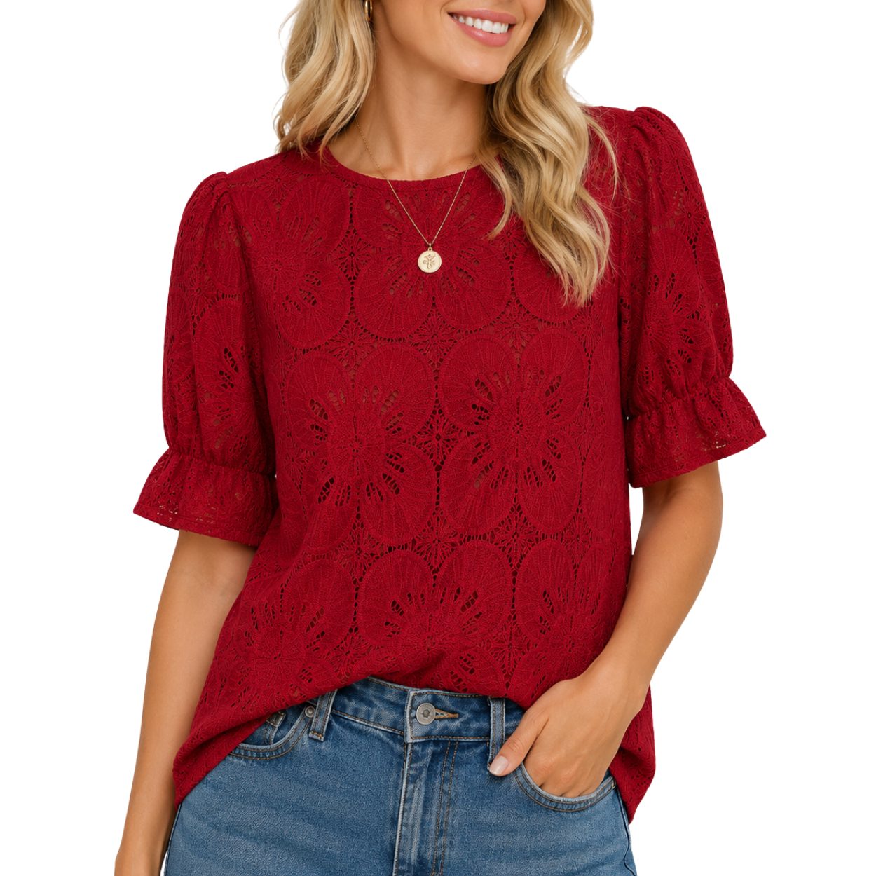 Women Short Boho Eyelet Lace Puff Tops