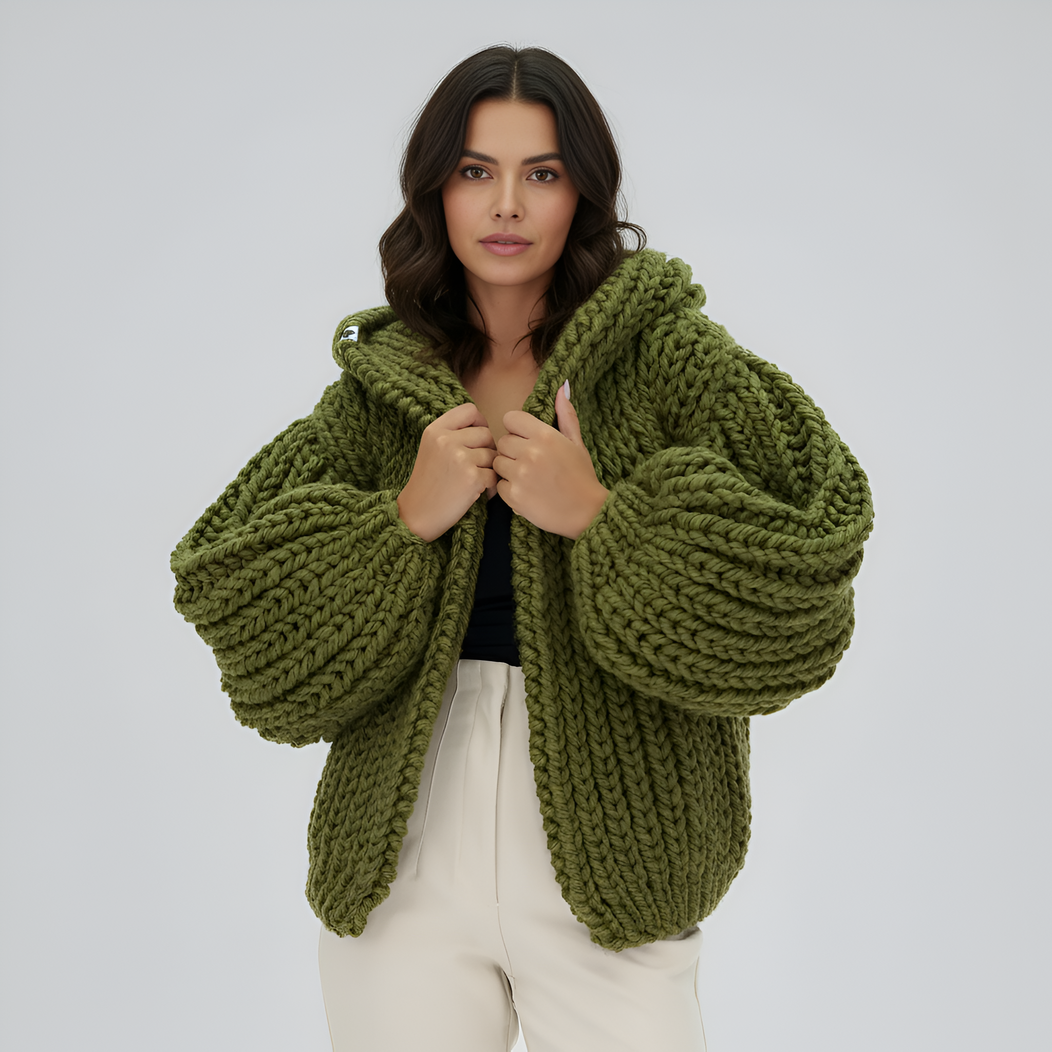 Oversized Cable Knit Hooded Open Front Cardigan For Women