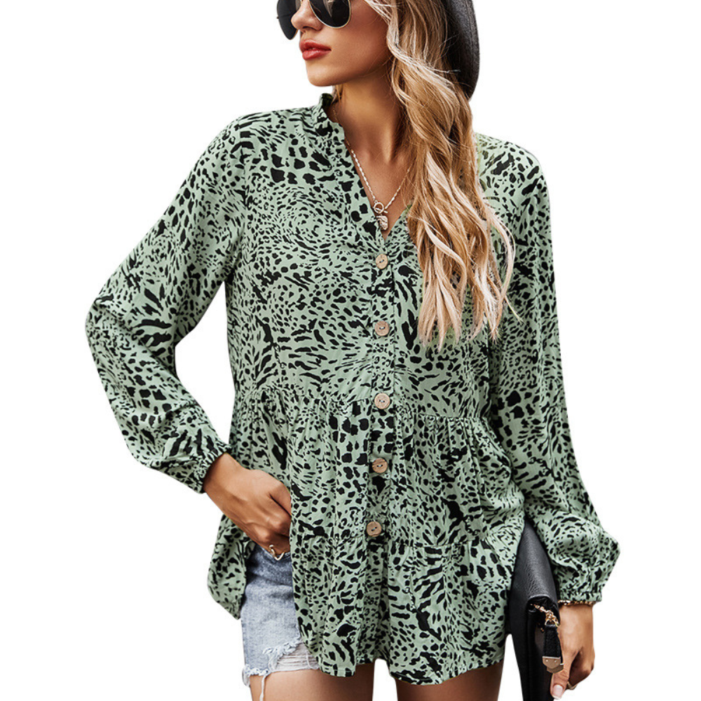 Abstract Pattern Flared Hem Full-Sleeves Shirt-My Comfy Blouse