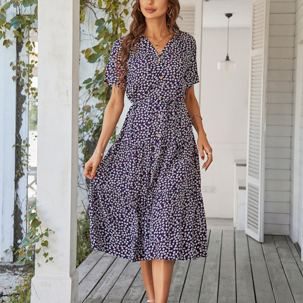 V-Neck Waist Belt Floral Print Maxi Dress-My Comfy Blouse