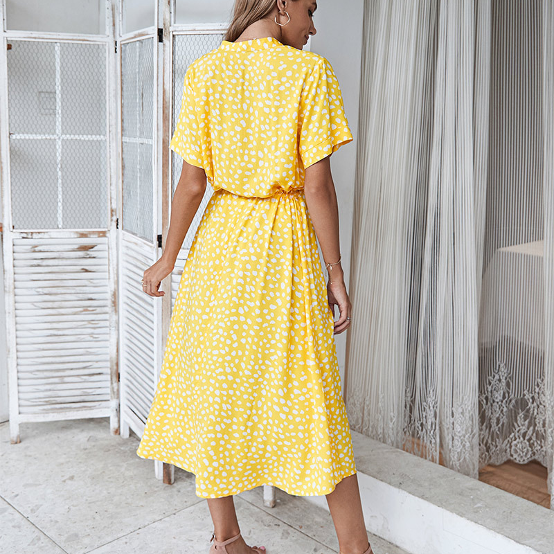 Shirt Collar Waist Tie Dot Print Maxi Dress-My Comfy Blouse