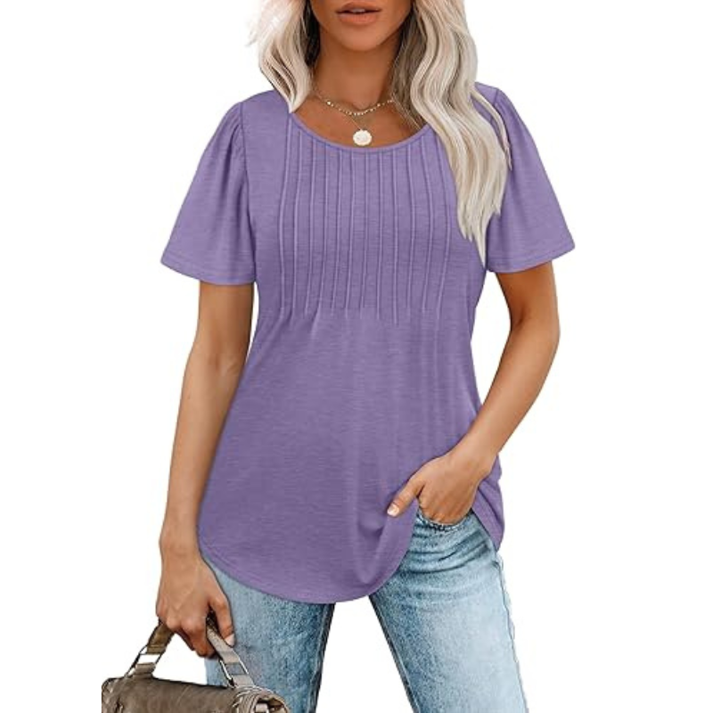 Pleated Casual Top With Scoop Short Sleeve Summer Blouse-My Comfy Blouse