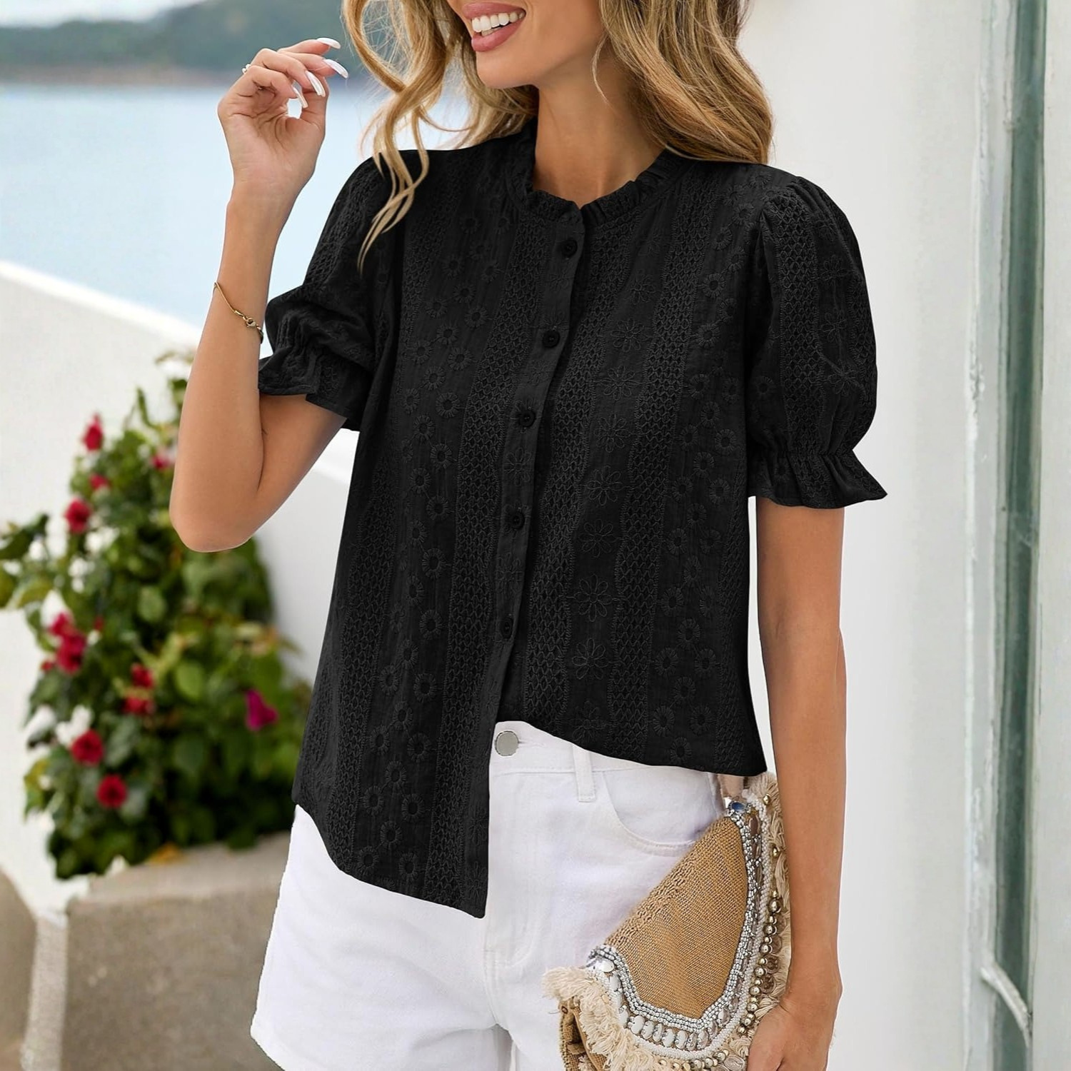 Women Puff Short Sleeve Botton Down Boho Embroidered Blouse Tops
