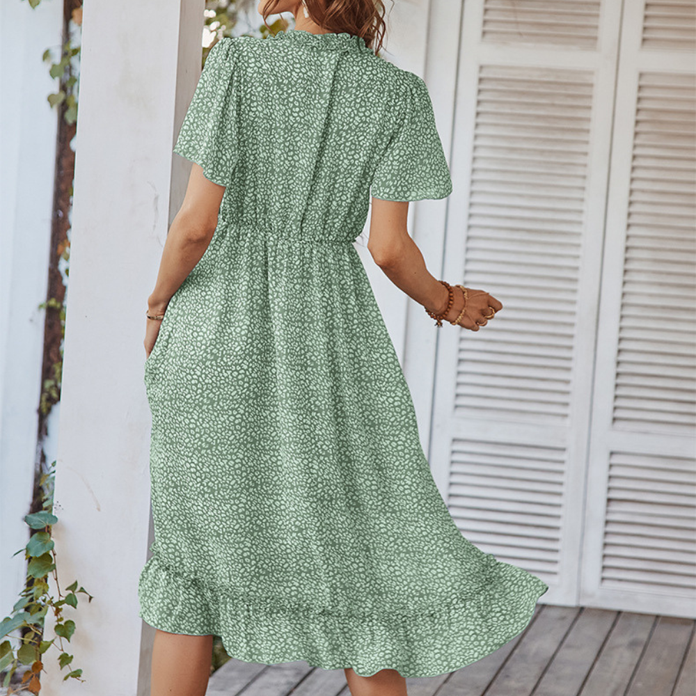 Pleated Ruffle Neck And Waist Dots Print Maxi Dress-My Comfy Blouse