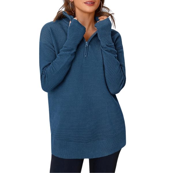 Womens Long Sleeve Quarter Zip Pullover Sweater Casual Loose V Neck Collared Ribbed Knit Jumper Tops Thumb Hole