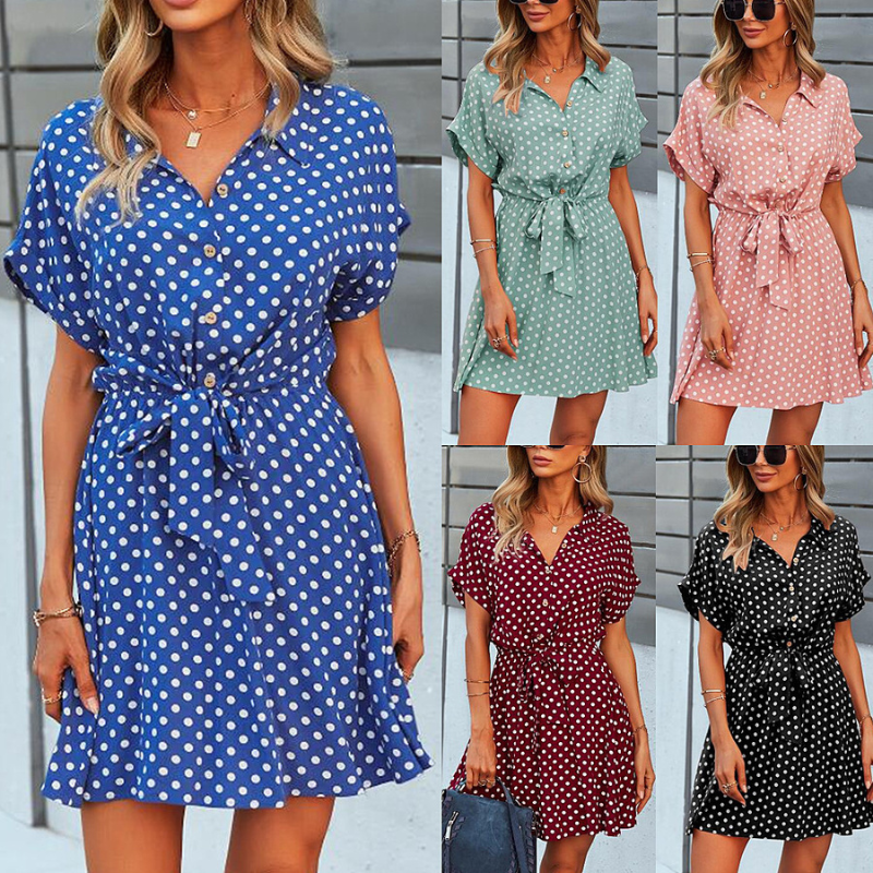 Polka Dots Knee Length Waist Belt Tie Dress-My Comfy Blouse