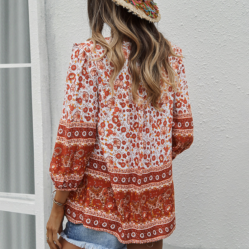 Traditional Print Front Strip Tie Blouse-My Comfy Blouse