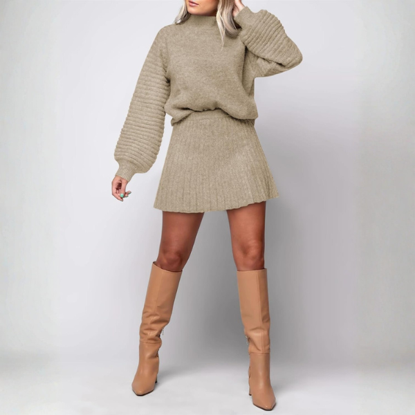 2 Piece Ribbed Knit Puff Sleeve Sweater Top And Mini Skirt Outfit Set