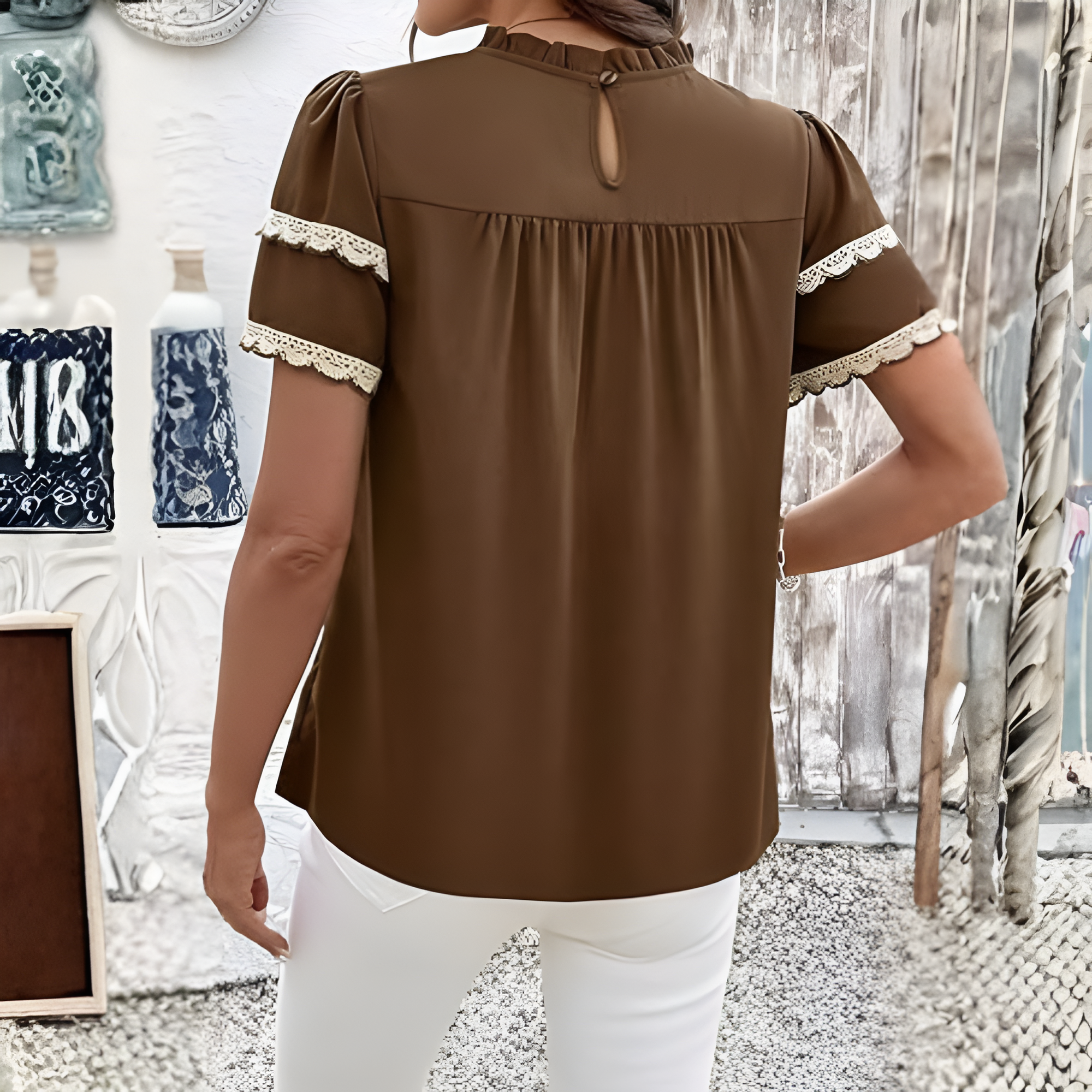Women Summer Tops Crewneck Ruffle Short Sleeve Casual Pleated Blouses