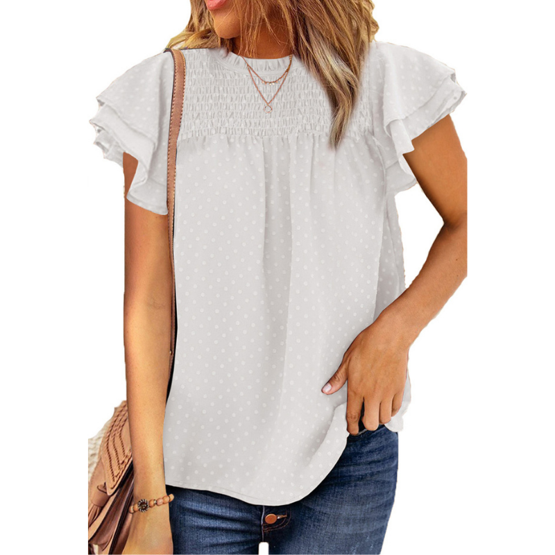 Flounce Cap Sleeves Dot Print Blouse-My Comfy Blouse