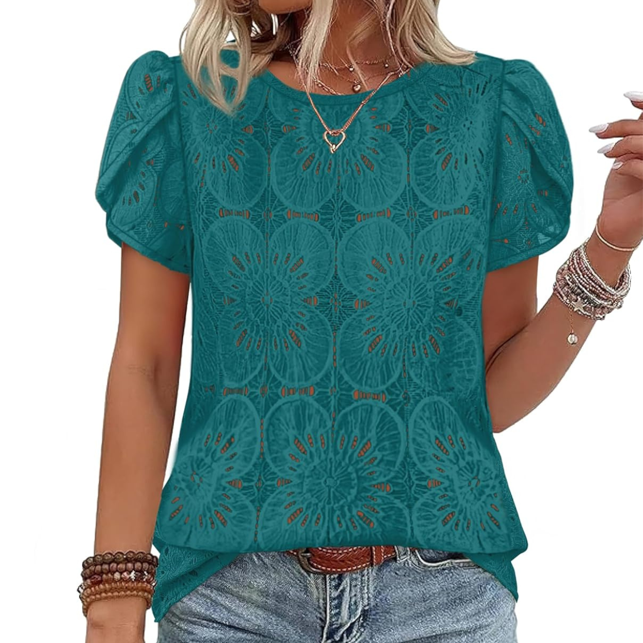 Casual Crochet Petal Short Sleeve Shirt Blouse For Women