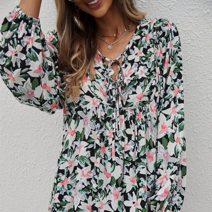 Hawaiian Print Flared Bottom Blouse-My Comfy Blouse
