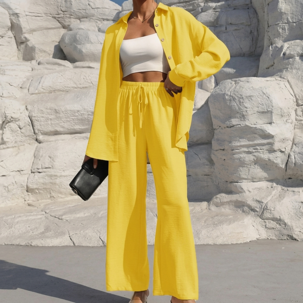 Casual 2 Piece Long Sleeve Shirt And Wide Fit Trouser Set For Women