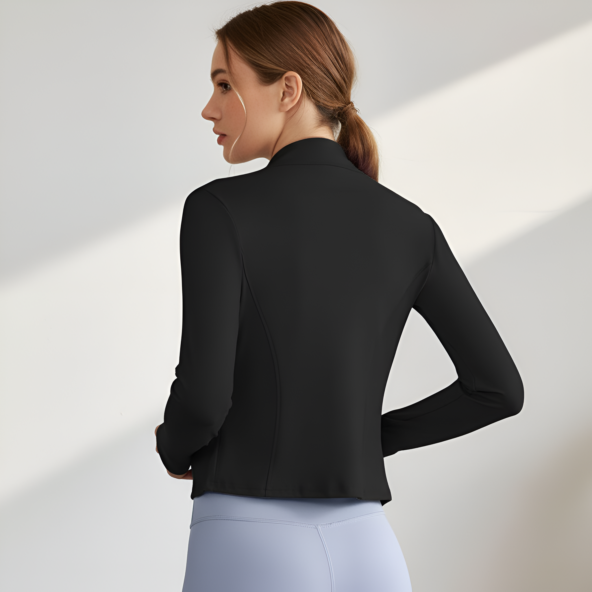 Women Thumb Holes Solid Zip Up Mock Neck Spring Sports Jacket