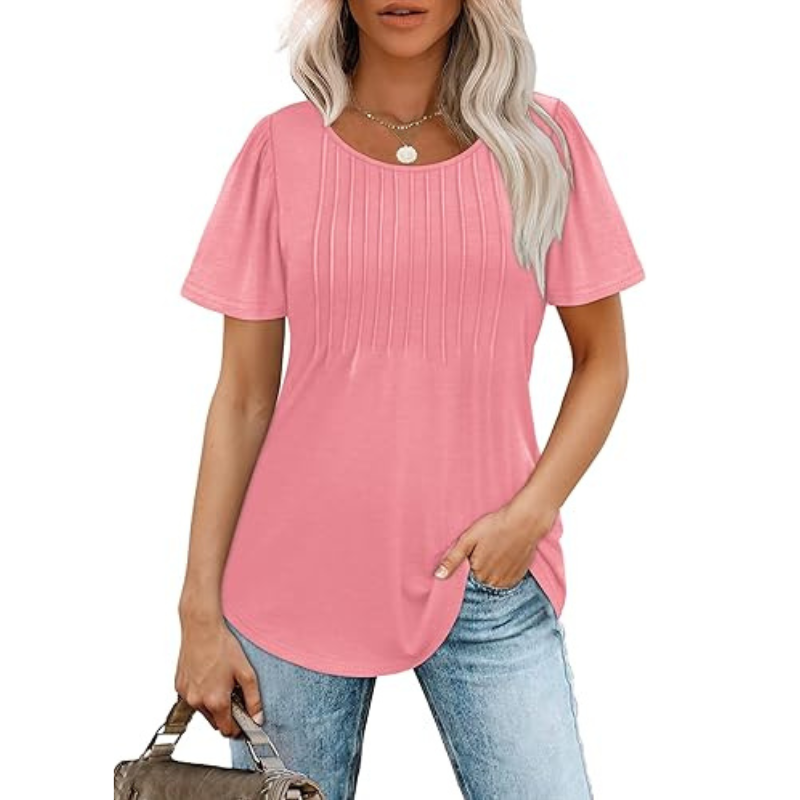 Pleated Casual Top With Scoop Short Sleeve Summer Blouse-My Comfy Blouse