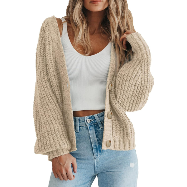 Women's Chunky Knit Open Front Sweater Long Sleeve Button Loose Short Cardigan Outerwear Coats