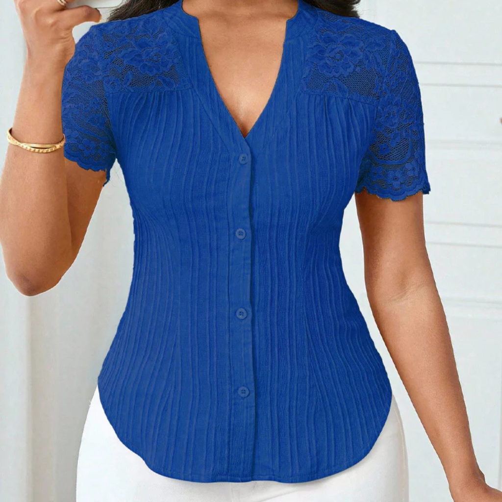 Ribbed Knit Button Down Top With Lace Sleeves